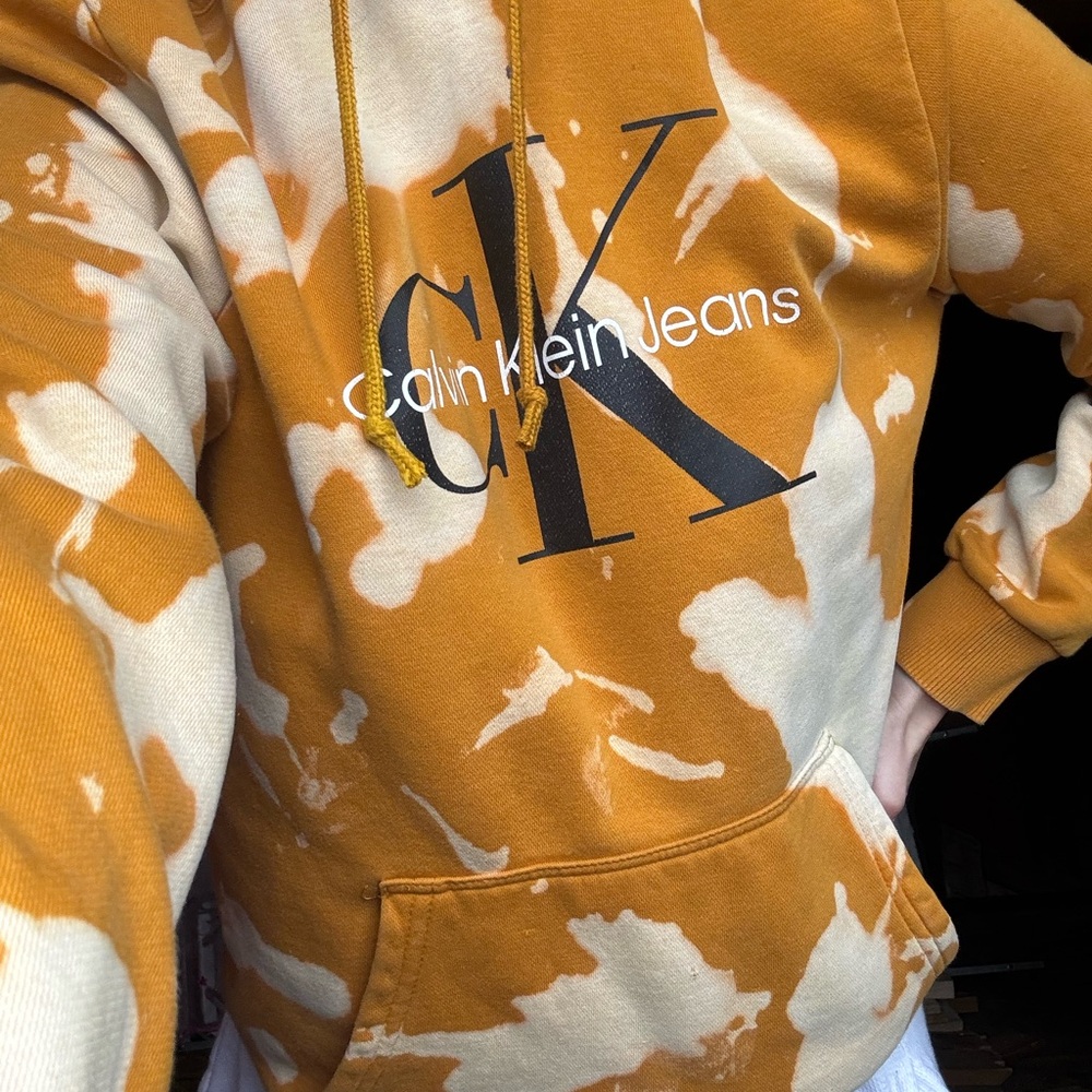 Repurposed Calvin Klein Jeans Orange Bleach Washed Hoodie(hand-dyed)